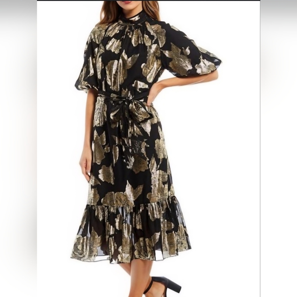 NWT Alex Marie Black Gold Rose Floral Print Black Ruffle Midi Puff Sleeve Dress